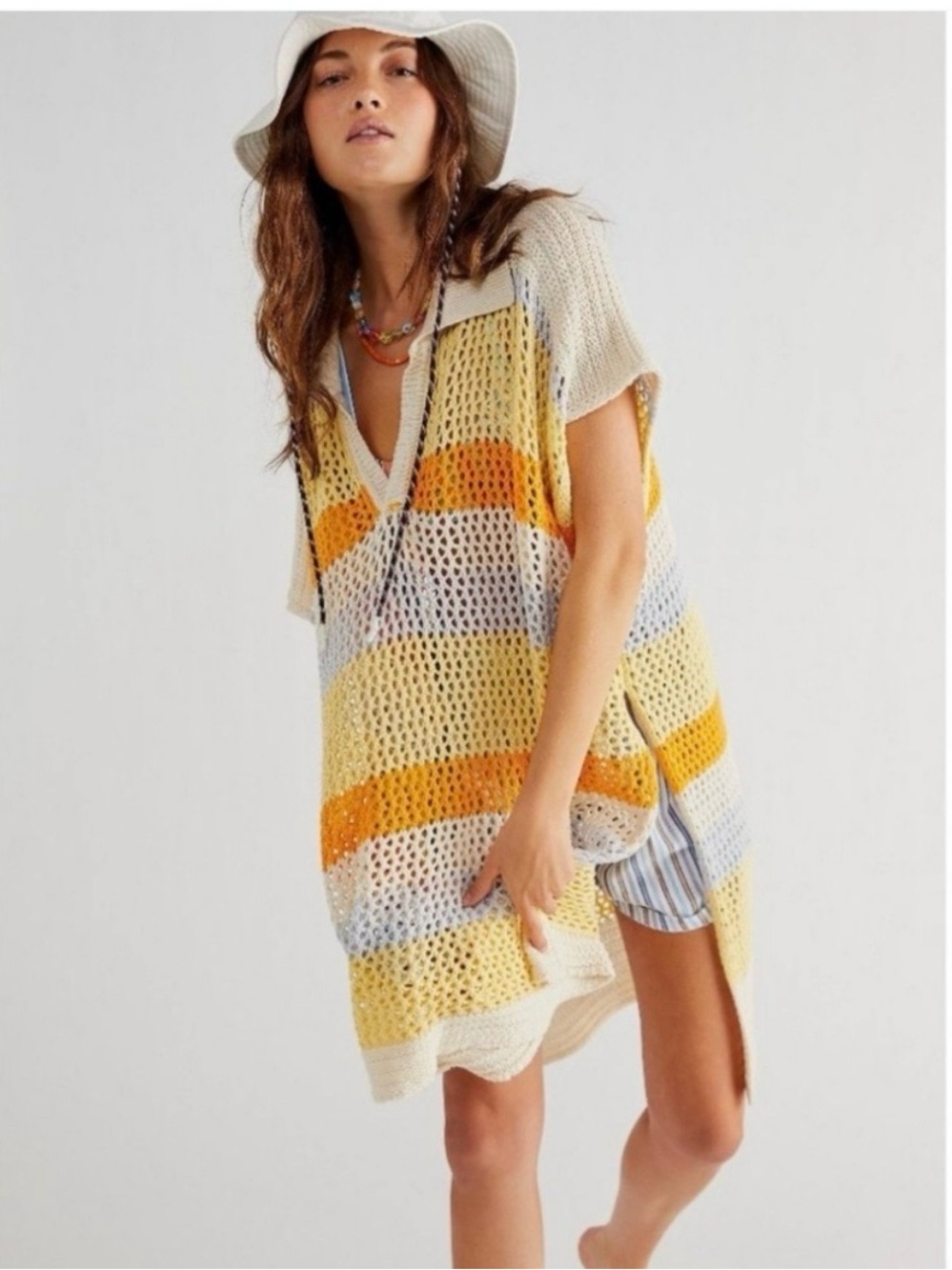 FREE PEOPLE Bayside Stripe Crochet Poncho OS